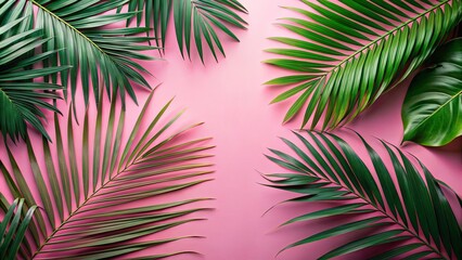A Vibrant Pink Canvas Adorned with Lush Green Palm Fronds, Creating a Tropical Oasis