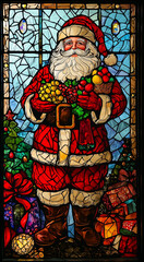 Obraz premium Colorful stained glass window featuring a cheerful Santa Claus surrounded by festive decorations.