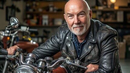 A mature man in a leather jacket poses confidently on a motorcycle in a garage setting.