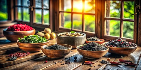 Fototapeta premium A Still Life of Dried Herbs and Spices in Wooden Bowls on a Rustic Table
