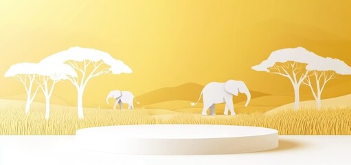 Obraz premium A serene landscape featuring paper-cut elephants and trees on a warm yellow backdrop.