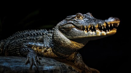 Fototapeta premium A captivating full-body shot of a crocodile with its powerful jaws open slightly, showcasing its impressive teeth and glossy skin, perfectly illuminated for a striking visual impact.