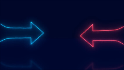 Abstract background with glowing neon lights in arrowhead shape on dark  blue background.