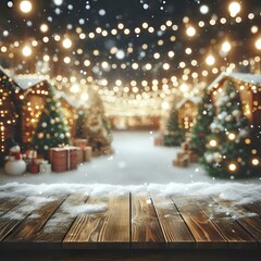Festive Holiday Market with Wooden Table and Snowfall
