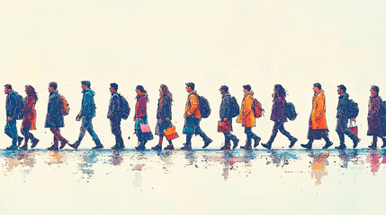 Naklejka premium Diverse group of people walking in line with reflections