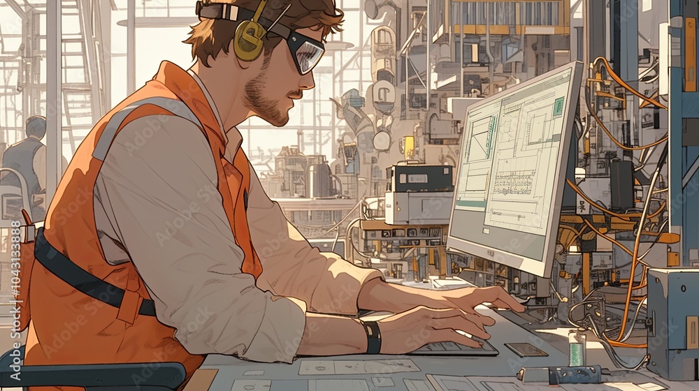 Poster engineer working on computer in modern electronics factory office