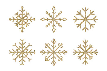 Set of Elegant golden glitter snowflakes isolated on white background