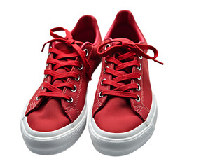 Pair of Stylish Red Sneakers with White Soles on Display isolated on a white background