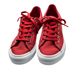 Pair of Stylish Red Sneakers with White Soles on Display isolated on a white background