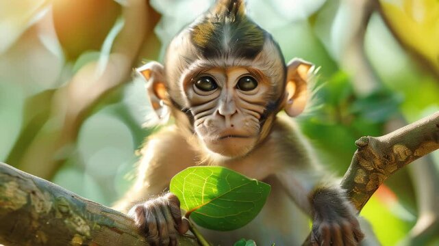 A playful monkey sits on a branch, curiously observing its surroundings in a lush green habitat