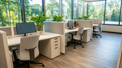 Fototapeta premium A modern, open office space featuring desks, ergonomic chairs, greenery, and large windows providing natural light and a view of nature.
