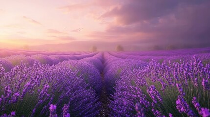 Obraz premium A dreamy lavender field stretching to the horizon, with soft light casting a magical glow over the vibrant purple blooms