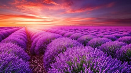 Obraz premium A dreamy lavender field stretching to the horizon, with soft light casting a magical glow over the vibrant purple blooms