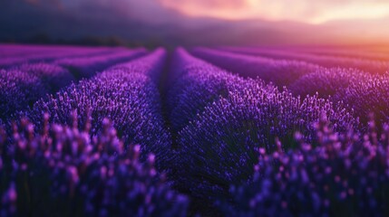 Fototapeta premium A stunning lavender field under soft lighting, with endless rows stretching to the horizon, evoking a peaceful, dreamy feeling