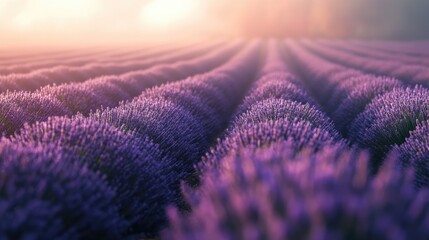 Fototapeta premium A tranquil lavender field bathed in soft, magical light, with endless rows stretching into the horizon