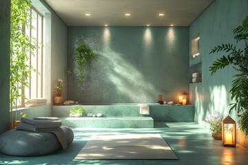 Peaceful spa room with aromatherapy and hot stones, natural healing, 3D illustration