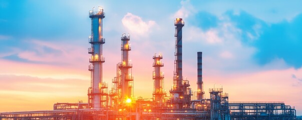 Fototapeta premium A vibrant sunset illuminates an industrial complex with towering smokestacks, showcasing the energy sector's influence on the landscape