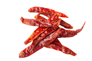 Dried red hot peppers on a white background