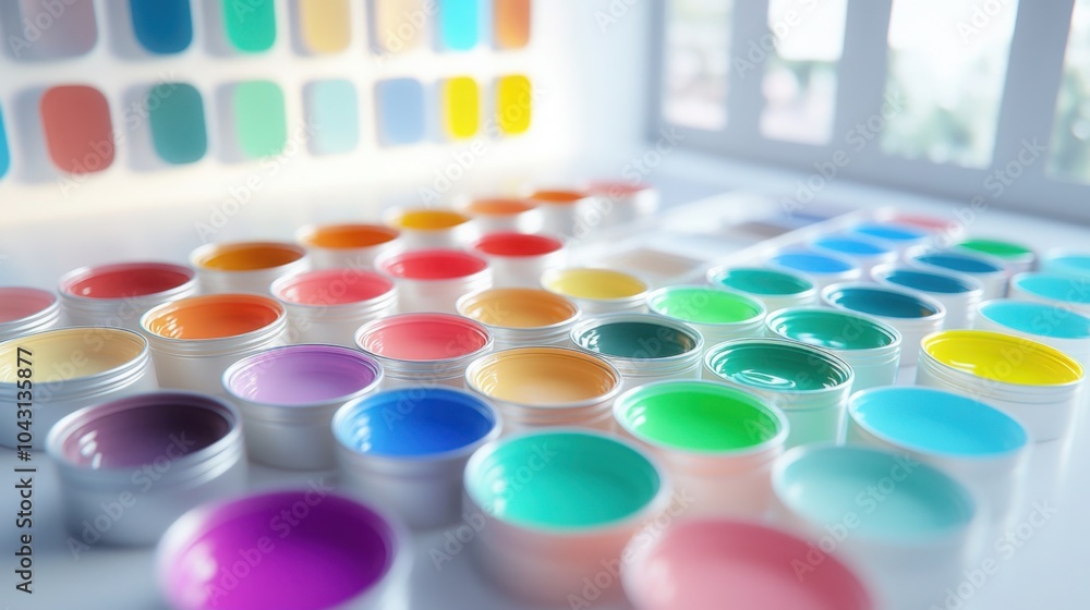 Poster small paint cans, each with a different color, placed neatly next to a color palette on a clean whit