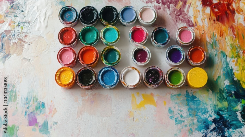 Poster small paint cans, each with a different color, placed neatly next to a color palette on a clean whit