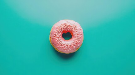 A whimsical pink donut on a bright turquoise background 