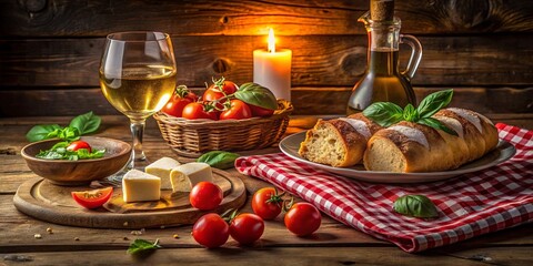 A Rustic Table Setting with a Glass of White Wine, Fresh Tomatoes, and a Crusty Loaf of Bread