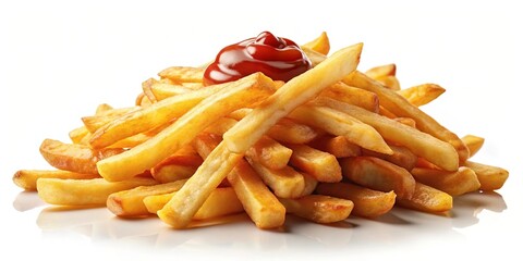 A golden mound of crispy fried potato sticks, crowned with a vibrant red dollop of tangy sauce.