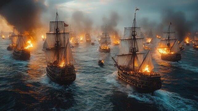 16th-century sea battle with sailing ships and galleons. Pirate boats are on fire in the ocean battle with cannons shooting fire. AI-Generated
