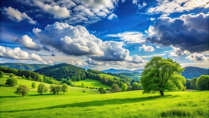 Fototapeta premium Green meadow under blue sky with clouds, trees, hills in USA