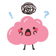 Cute pink brain with question mark and exclamation mark. Vector illustration