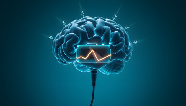 Battery charging, positive thinking and mental health concept, brain with energy power isolated with white highlights, png