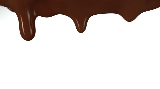 Super Slow Motion Detail Shot of Slowly Dripping Chocolate Isolated on White Background at 1000fps.