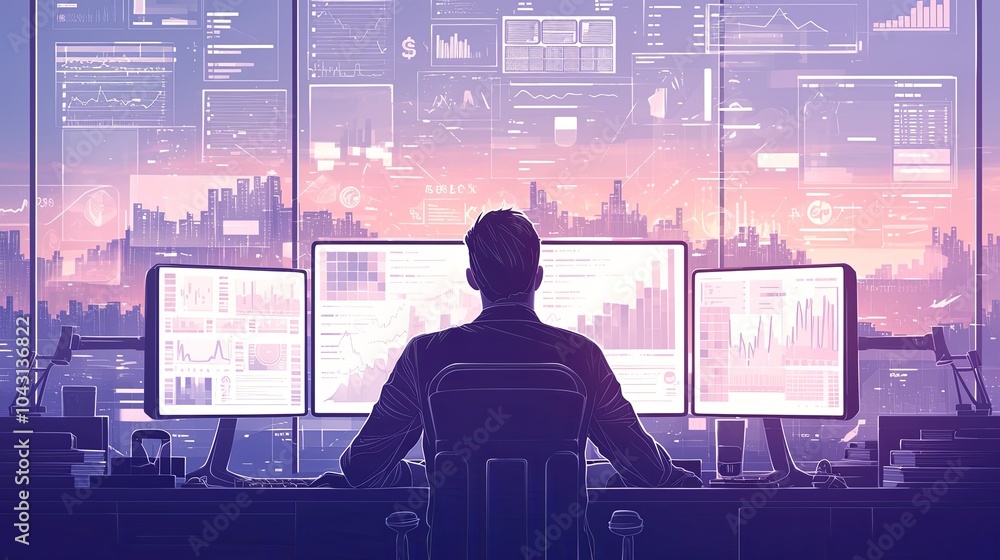 Poster successful businessman analyzing data on multiple computer screens in modern office