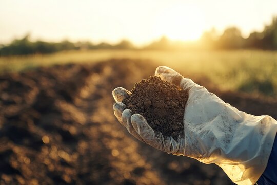 Minimalistic image of a gloved hand holding contaminated soil sample in a sunlit field