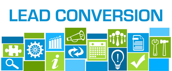 Lead Conversion Green Blue Business Symbols Grid Bottom Text 