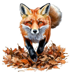 Fototapeta premium A vibrant fox emerges from a sea of autumn leaves, showcasing its striking orange coat and playful demeanor against a black background.