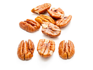 Pecan nuts in air on white background