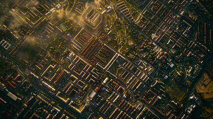 An aerial view of a city. The streets are lined with houses and trees, and there is a park in the center of the city.