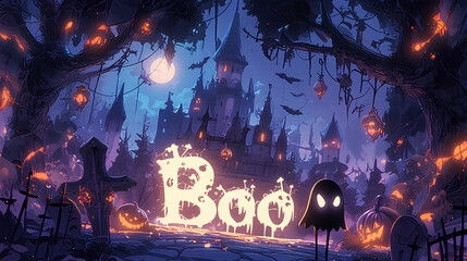 Obraz premium Stylized Boo in gothic font, cobweb-covered corners, dark Halloween scene
