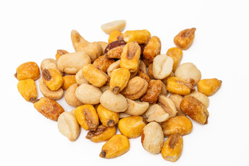 scrambled eggs with salted nuts on a white background