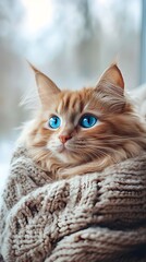 Obraz premium A close-up of an orange cat with blue eyes, sitting on the windowsill in front of the window and wearing soft, warm