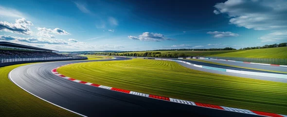 Rolgordijnen zonder boren Race track with winding asphalt road surrounded by lush green grass, under bright blue sky with scattered clouds. © master1305