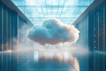 A cloud is floating in a large, empty room with a lot of windows