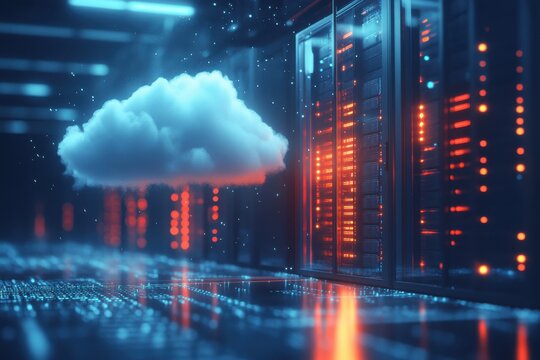 A cloud is floating above a row of servers