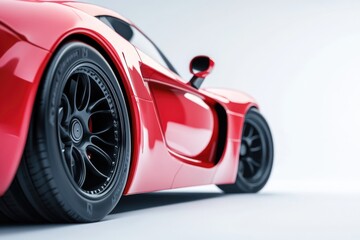 Close-up of a red sports car with black wheels on a white background, detailed.