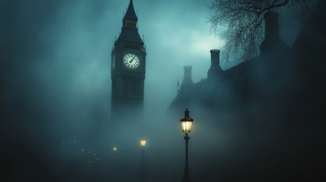 London's Enigmatic Fog: A mysterious, foggy evening in London, with Big Ben looming in the distance and street lamps casting an ethereal glow through the mist.