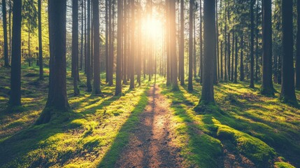 Fototapeta premium A serene forest scene with sunlight filtering through tall trees onto a mossy path.