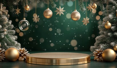 3D podium with golden rings and glass ball, green background, Christmas tree, snowflakes, snowing. gold podium for product presentation with a green tree. podium platform display stand for advertising