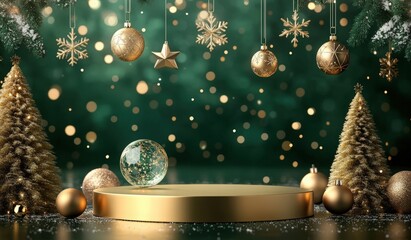 3D podium with golden rings and glass ball, green background, Christmas tree, snowflakes, snowing. gold podium for product presentation with a green tree. podium platform display stand for advertising