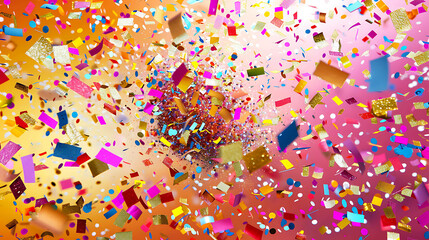 Colorful confetti flying in the air with a blurred background in shades of pink, orange, and yellow.
